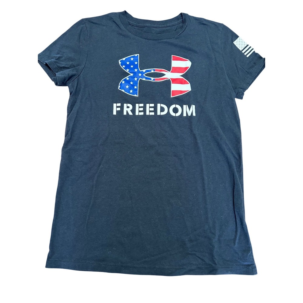 Under Armour Freedom Flag Logo‎ Graphic T-Shirt Ladies Small Black Loose Fit Tee
